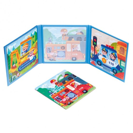 Puzzle Magnetic Educativ 3 în 1 cu Meserii și Vehicule, 48 Piese, Poliție, Pompieri și Excavator, 3+ Ani [3]