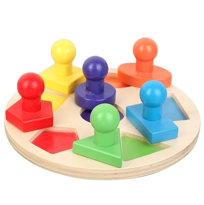 Puzzle-uri - Puzzle Montessori din Lemn cu 6 Forme Geometrice Colorate pentru Copii