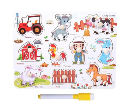 Puzzle Montessori din Lemn cu Animale de la Fermă și Tăbliță Reutilizabilă pentru Scris [1]