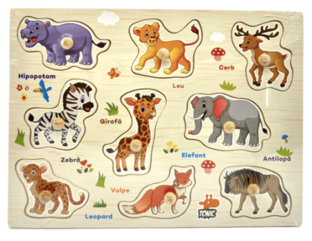 3 ani + - Puzzle Montessori din Lemn cu Butoni – Animalele Sălbatice în Limba Română
