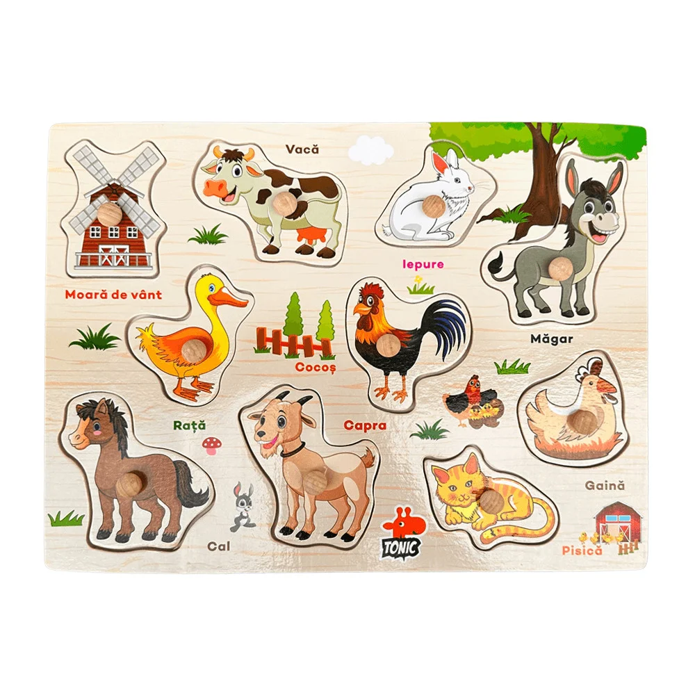 3 ani + - Puzzle Montessori din Lemn cu Butoni – Animalele de la Fermă în Limba Română