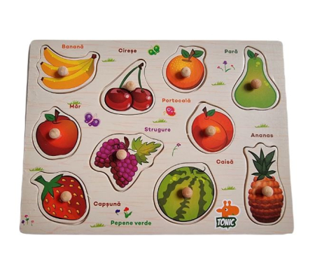 Puzzle Montessori din Lemn cu Butoni – Fructe în Limba Română [3]