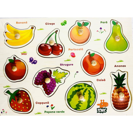 3 ani + - Puzzle Montessori din Lemn cu Butoni – Fructe în Limba Română
