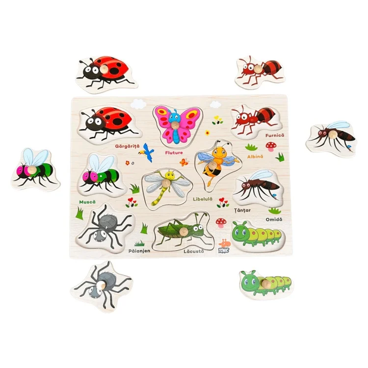 Puzzle Montessori din Lemn cu Butoni – Insecte în Limba Română [1]