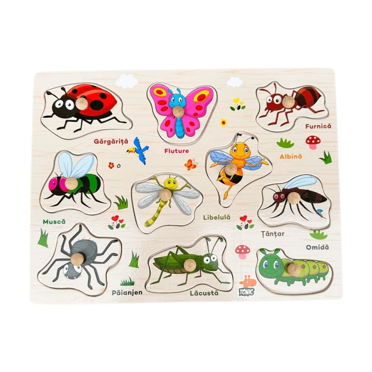 Jocuri Memorie si Asociere - Puzzle Montessori din Lemn cu Butoni – Insecte în Limba Română