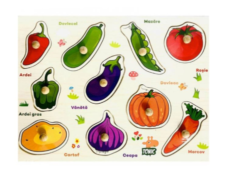 3 ani + - Puzzle Montessori din Lemn cu Butoni – Legume în Limba Română