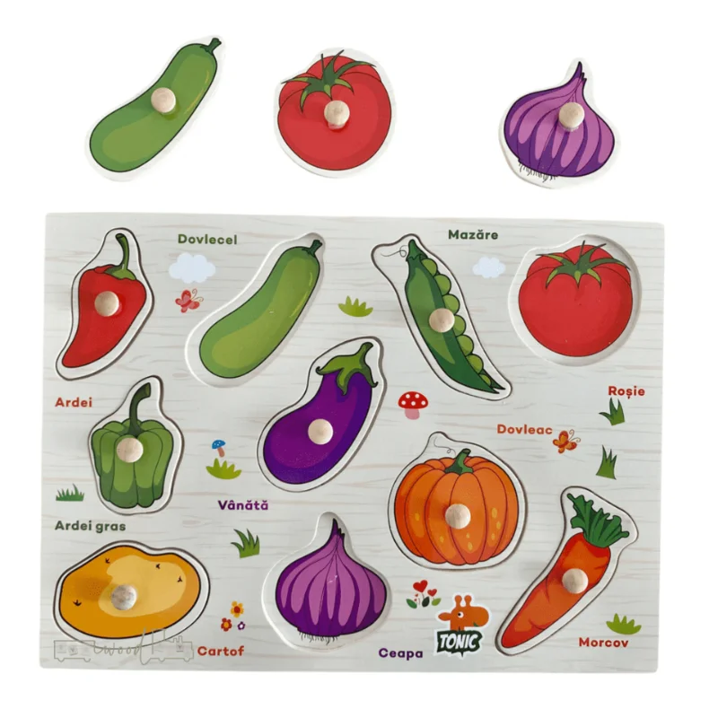 Puzzle Montessori din Lemn cu Butoni – Legume în Limba Română [5]