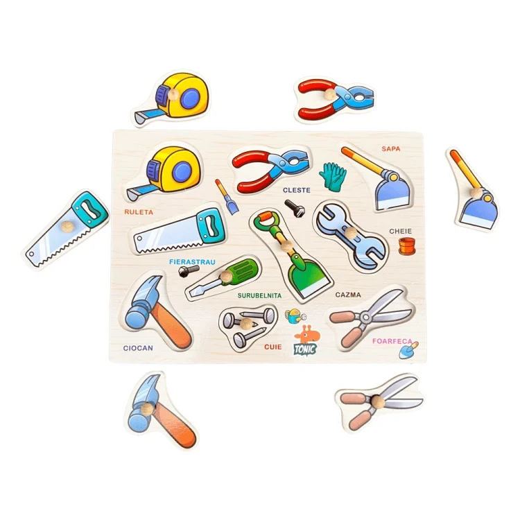 Puzzle Montessori din Lemn cu Butoni – Unelte în Limba Română [1]