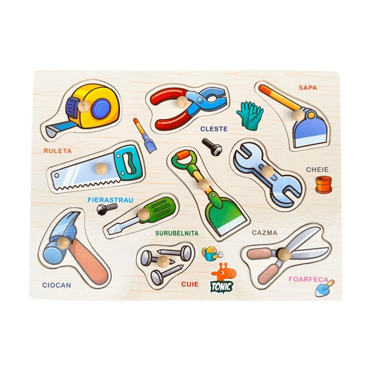 Jocuri Memorie si Asociere - Puzzle Montessori din Lemn cu Butoni – Unelte în Limba Română