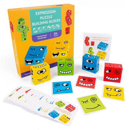 3 ani + - Puzzle Montessori din Lemn cu Emoții și Expresii Faciale, 12 Cuburi și 50 Carduri Provocare, 3+ ani
