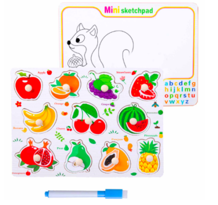 Jocuri Memorie si Asociere - Puzzle Montessori din Lemn cu Fructe și Tăbliță Reutilizabilă pentru Scris și Desen