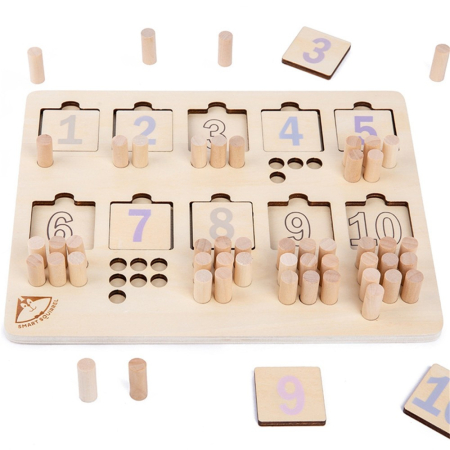 Jocuri Interactive - Puzzle Montessori din Lemn cu Cifre 1-10 și Piese pentru Numărare