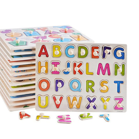 Puzzle Alfabet din Lemn cu Litere Mari Colorate și Butoni [5]