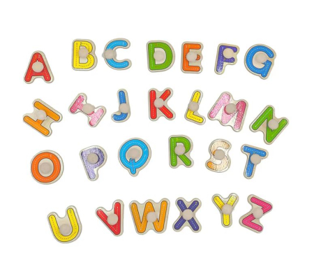 Puzzle Alfabet din Lemn cu Litere Mari Colorate și Butoni [2]
