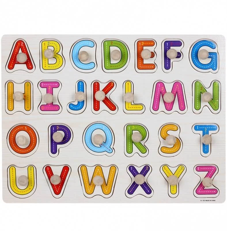 Jocuri Memorie si Asociere - Puzzle Alfabet din Lemn cu Litere Mari Colorate și Butoni