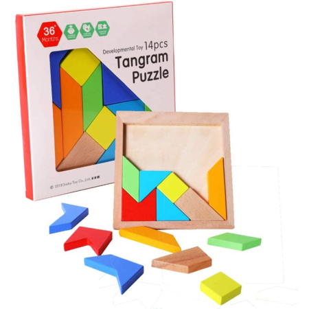 Tangram Montessori din Lemn cu 14 Piese Geometrice Colorate, Puzzle Logic și Joc Creativ pentru Copii, 3+ Ani [8]