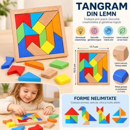 Tangram Montessori din Lemn cu 14 Piese Geometrice Colorate, Puzzle Logic și Joc Creativ pentru Copii, 3+ Ani [2]