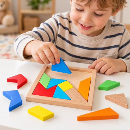 Tangram Montessori din Lemn cu 14 Piese Geometrice Colorate, Puzzle Logic și Joc Creativ pentru Copii, 3+ Ani [1]