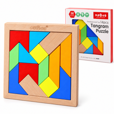 Jocuri Memorie si Asociere - Tangram Montessori din Lemn cu 14 Piese Geometrice Colorate, Puzzle Logic și Joc Creativ pentru Copii, 3+ Ani