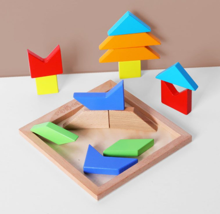 Tangram Montessori din Lemn cu 14 Piese Geometrice Colorate, Puzzle Logic și Joc Creativ pentru Copii, 3+ Ani [6]