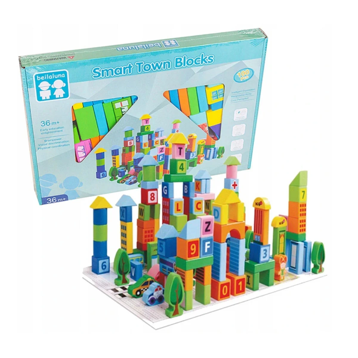 Set 100 Cuburi de Construcție din Lemn Smart Town Beilaluna cu Litere, Numere, Vehicule și Clădiri, 3+ ani [1]