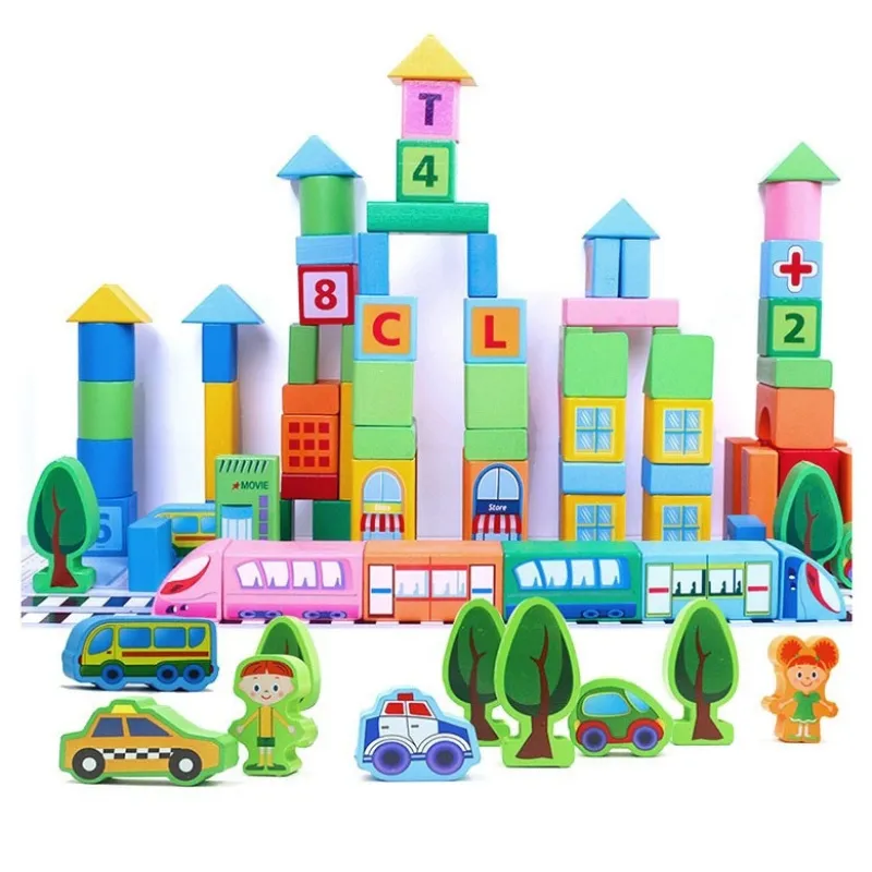 Set 100 Cuburi de Construcție din Lemn Smart Town Beilaluna cu Litere, Numere, Vehicule și Clădiri, 3+ ani [4]