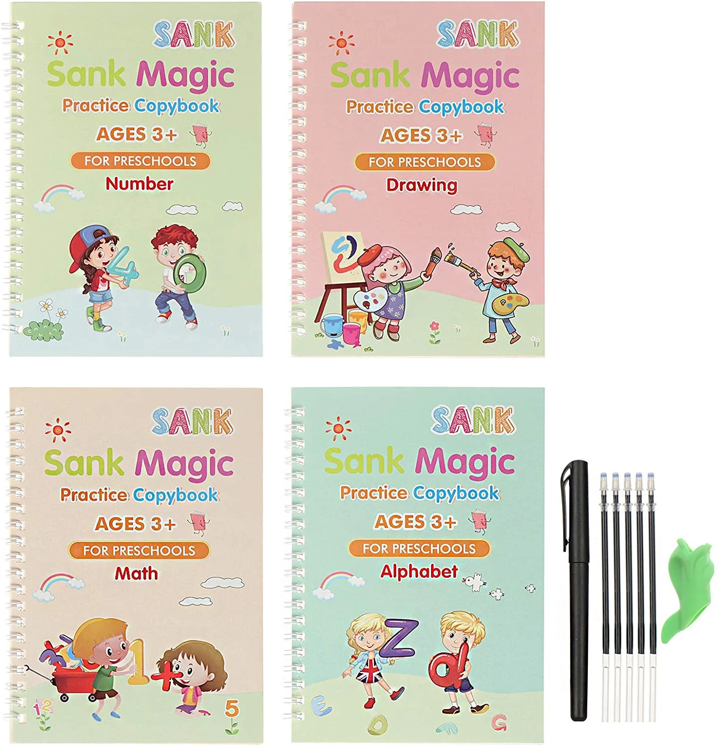 Invata Matematica prin joaca - Set 4 Caiete Reutilizabile SANK Magic Practice Copybook cu Stilou și Rezerve