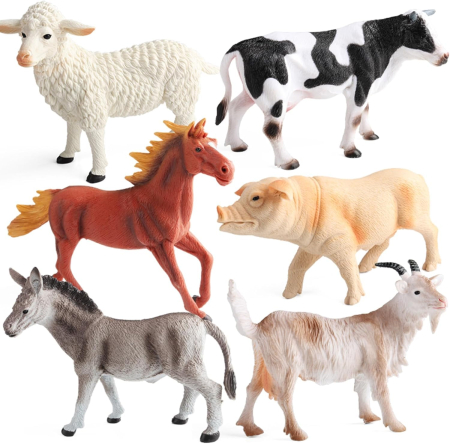 Figurine si animale - Set 6 Figurine Realiste Animale de la Fermă, Cal, Măgar, Vacă, Oaie, Porc și Capră, Joc Educativ și de Rol, 3+ ani