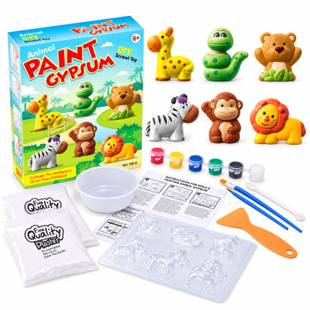 Jocuri Interactive - Set Creativ DIY pentru Copii, Creează și Pictează 6 Magneți cu Animale, Matriță, Vopsele și Pensule, 6+ Ani