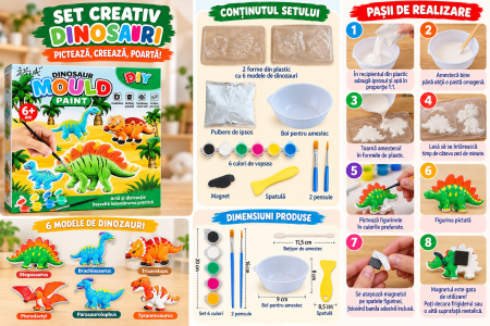 Set Creativ DIY Dinozauri de Pictat și Modelat, Figurine, Culori și Pensulă, 6+ Ani [2]