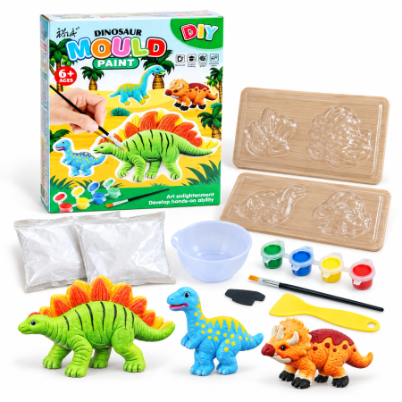 Jocuri Interactive - Set Creativ DIY Dinozauri de Pictat și Modelat, Figurine, Culori și Pensulă, 6+ Ani