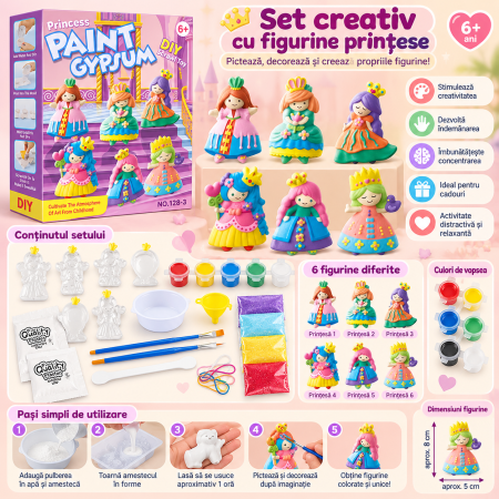 Set Creativ DIY pentru Copii, Creează și Pictează 6 Figurine Prințese, Matriță, Vopsele și Pensule, 6+ Ani [3]