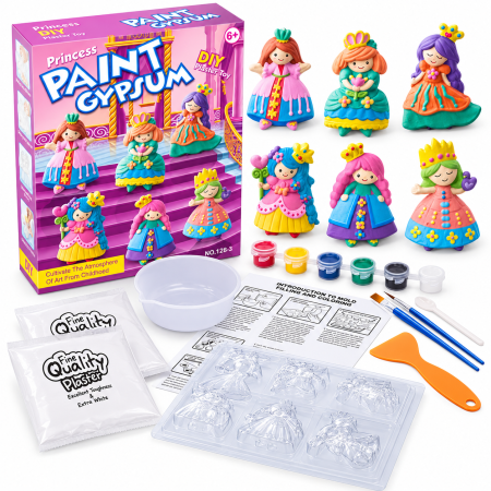 Jocuri Interactive - Set Creativ DIY pentru Copii, Creează și Pictează 6 Figurine Prințese, Matriță, Vopsele și Pensule, 6+ Ani