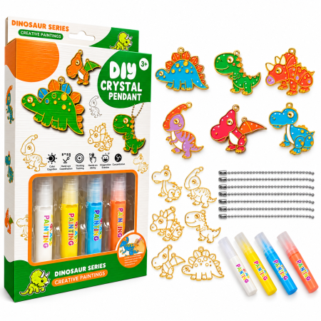 Jocuri Interactive - Set Creativ DIY cu Dinozauri de Pictat, 6 Pandantive, 4 Culori și Șnururi, 3+ Ani