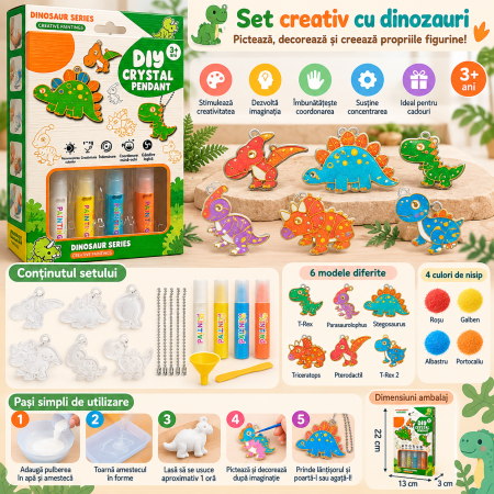 Set Creativ DIY cu Dinozauri de Pictat, 6 Pandantive, 4 Culori și Șnururi, 3+ Ani [2]