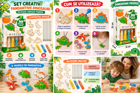 Set Creativ DIY cu Dinozauri de Pictat, 6 Pandantive, 4 Culori și Șnururi, 3+ Ani [4]