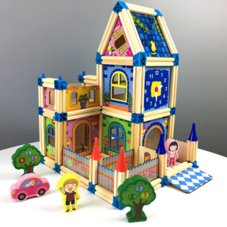 Set de Construcție din Lemn Tip Castel, Casă de Păpuși Modulară, Joc Creativ STEM cu 128 Piese, 3+ ani [14]