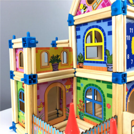 Set de Construcție din Lemn Tip Castel, Casă de Păpuși Modulară, Joc Creativ STEM cu 128 Piese, 3+ ani [13]