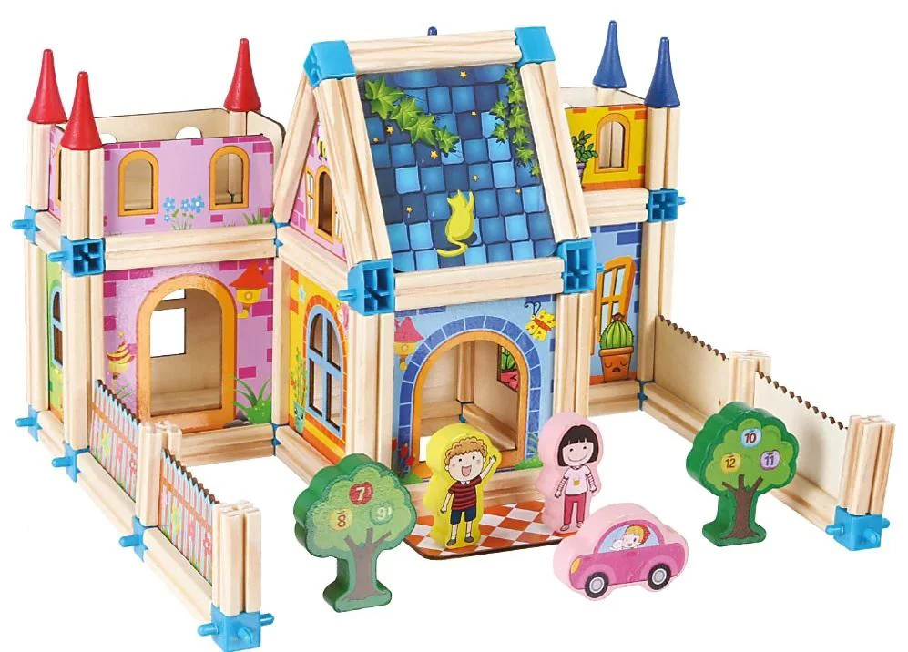 Set de Construcție din Lemn Tip Castel, Casă de Păpuși Modulară, Joc Creativ STEM cu 128 Piese, 3+ ani [10]