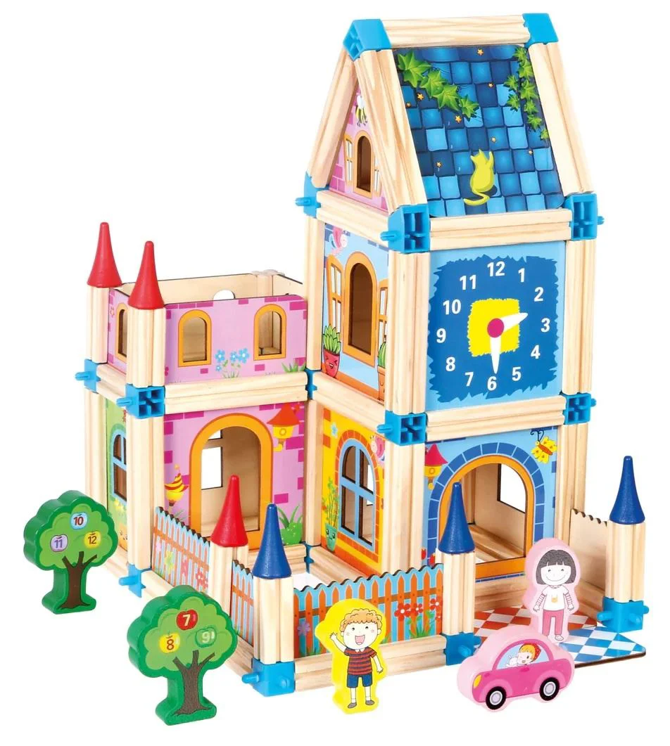 Jocuri de Constructie - Set de Construcție din Lemn Tip Castel, Casă de Păpuși Modulară, Joc Creativ STEM cu 128 Piese, 3+ ani