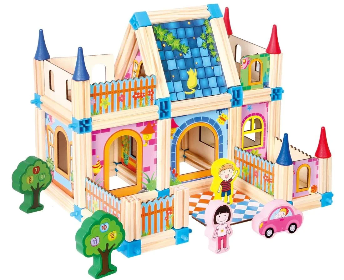 Set de Construcție din Lemn Tip Castel, Casă de Păpuși Modulară, Joc Creativ STEM cu 128 Piese, 3+ ani [5]