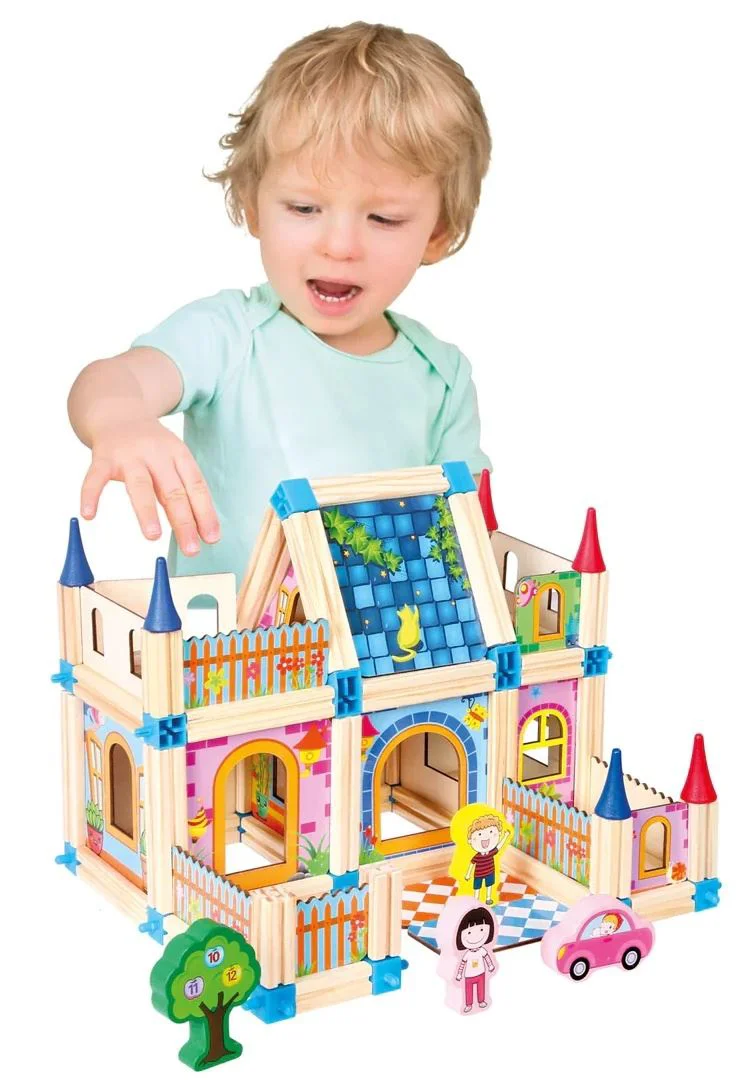 Set de Construcție din Lemn Tip Castel, Casă de Păpuși Modulară, Joc Creativ STEM cu 128 Piese, 3+ ani [3]