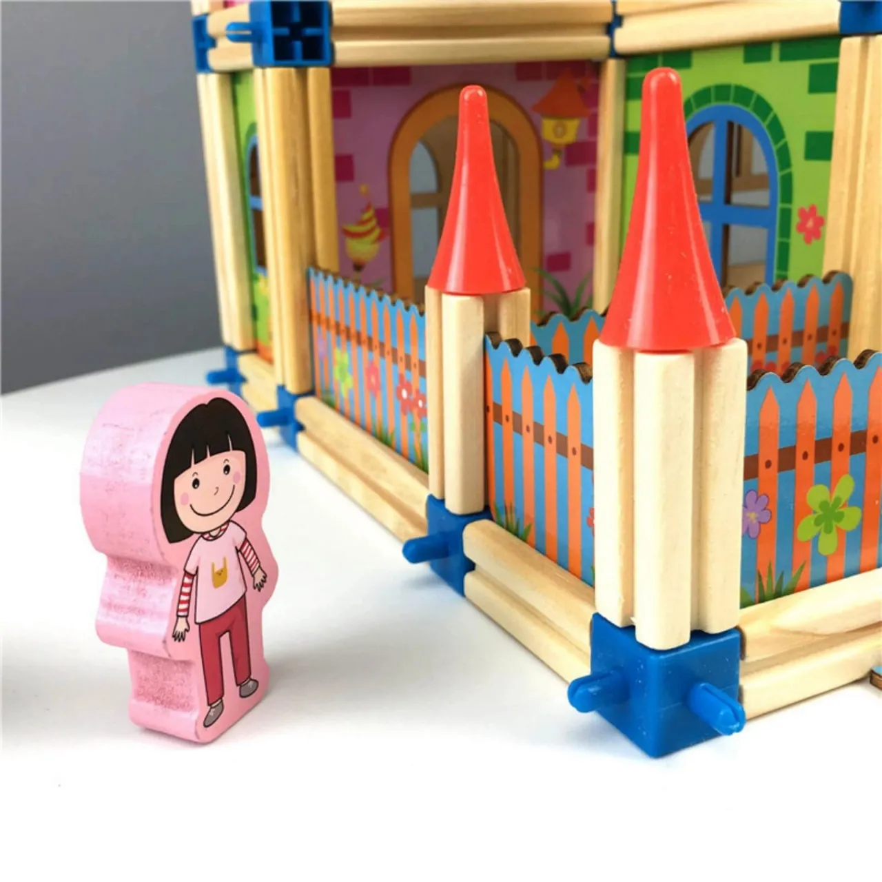 Set de Construcție din Lemn Tip Castel, Casă de Păpuși Modulară, Joc Creativ STEM cu 128 Piese, 3+ ani [4]