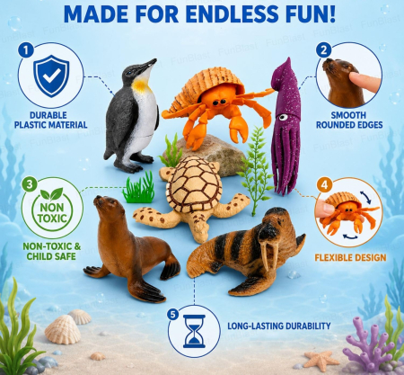 Set Figurine Animale Marine pentru Copii cu Pinguin, Focă, Morsă și Țestoasă [3]