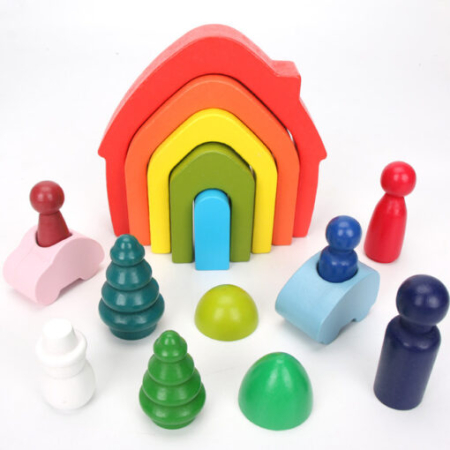 Toate produsele - Set Montessori Curcubeu din Lemn cu Căsuță Figurine și Copaci 16 Piese (1)