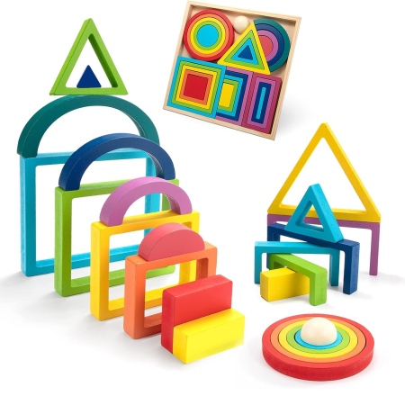 Set Montessori Rainbow Blocks din Lemn cu Forme Geometrice Curcubeu 25 Piese [1]