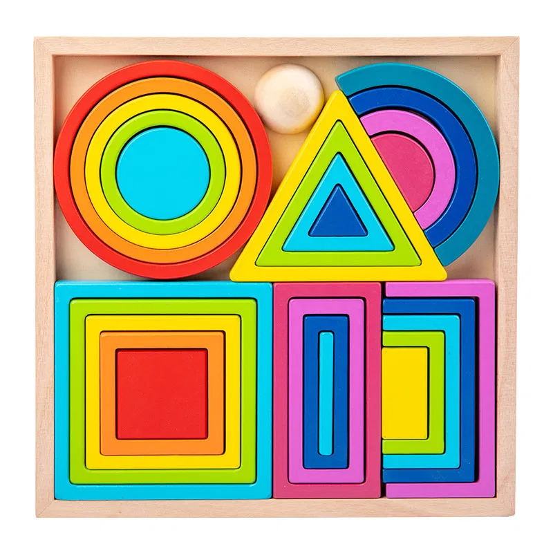 Jocuri de Constructie - Set Montessori Rainbow Blocks din Lemn cu Forme Geometrice Curcubeu 25 Piese
