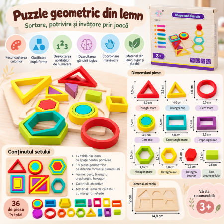Joc Educativ din Lemn cu Forme Geometrice Colorate, Puzzle de Potrivire și Sortare, Montessori, 3+ Ani [2]