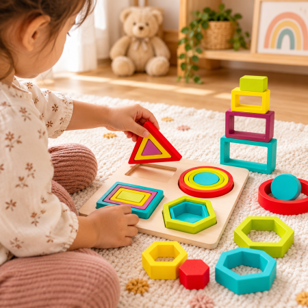 Joc Educativ din Lemn cu Forme Geometrice Colorate, Puzzle de Potrivire și Sortare, Montessori, 3+ Ani [1]