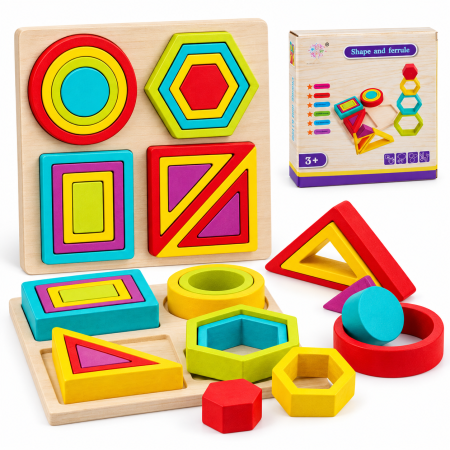 Jocuri Interactive - Joc Educativ din Lemn cu Forme Geometrice Colorate, Puzzle de Potrivire și Sortare, Montessori, 3+ Ani